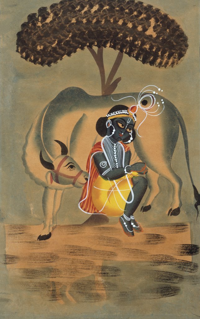 Detail of Krishna milking a cow by Unknown