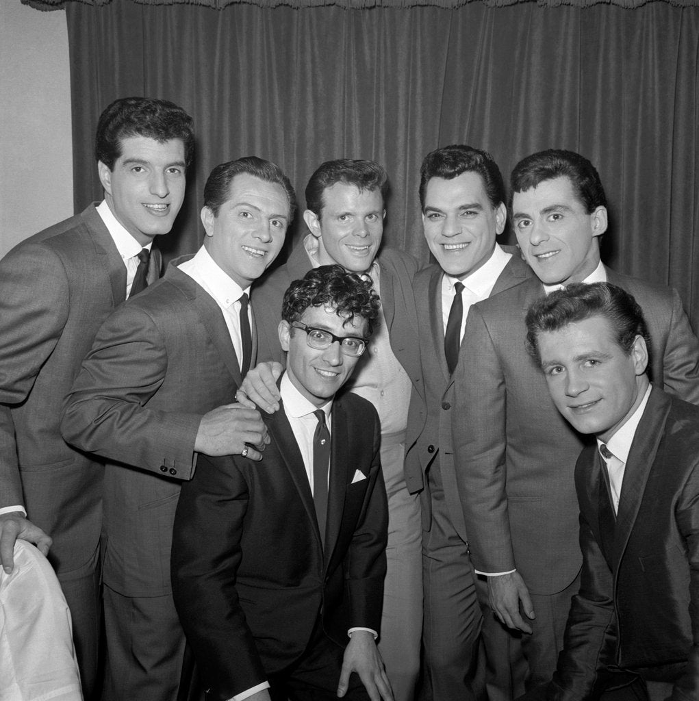 Detail of Freddie Garitty, Del Shannon and Frankie Vallie with other musicians by Harry Hammond
