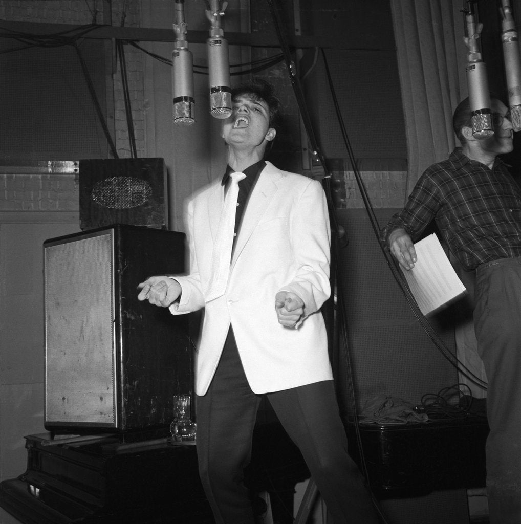 Detail of Cliff Richard recording in a studio by Harry Hammond