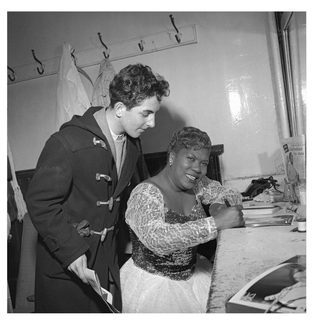 Detail of Sister Rosetta Tharp with unknown man in her dressing room by Harry Hammond