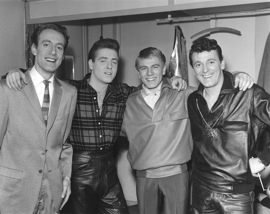 Detail of Eddie Cochran (2nd left) with John Barry, Adam Faith and Gene Vincent by Harry Hammond