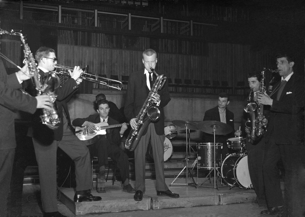 Detail of Gerry Mulligan with American musicians by Harry Hammond