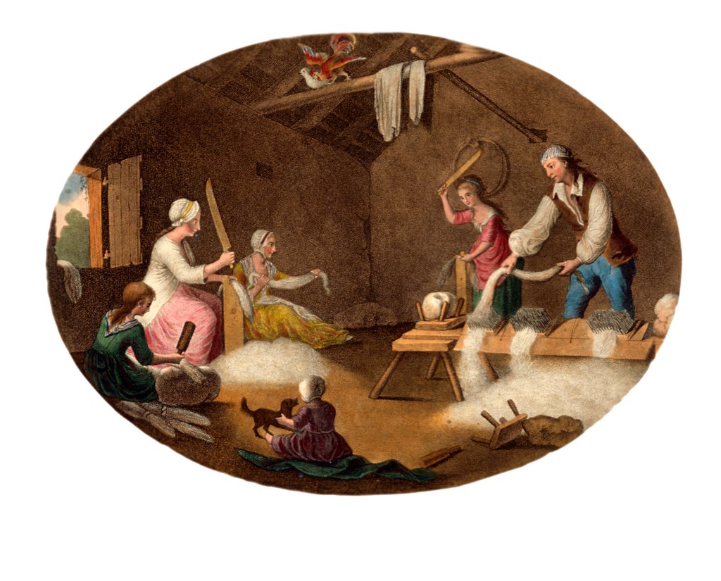 Detail of Mill workers in a scutch mill by William Hincks