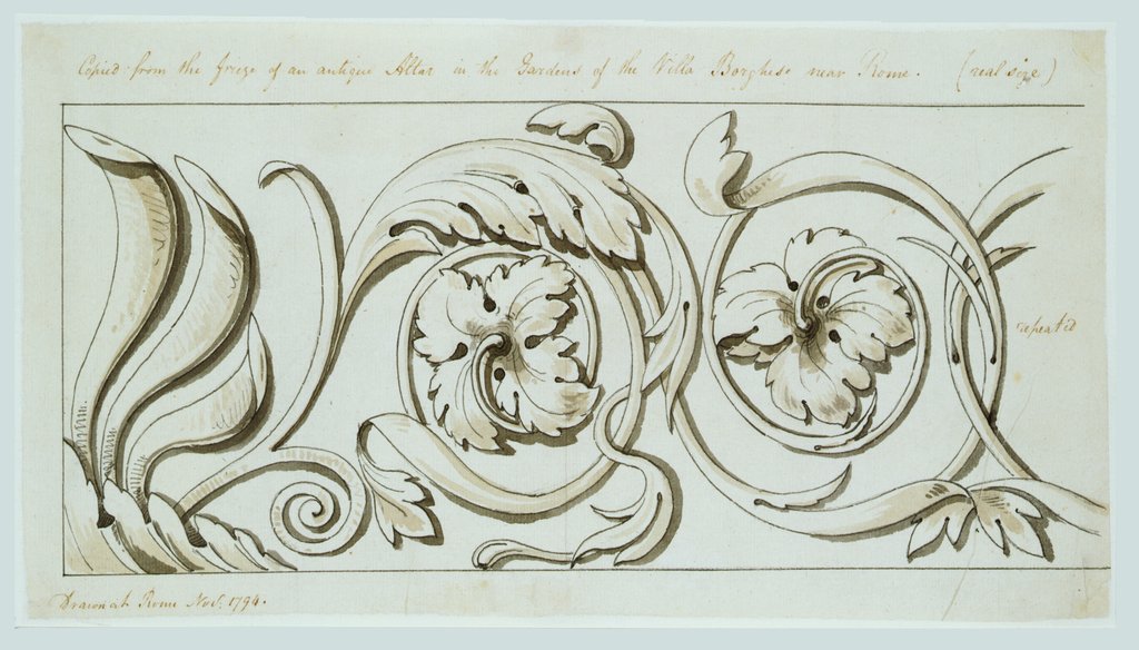 Detail of Frieze of an antique altar in the Gardens of the Villa Borghese near Rome by Charles Heathcote Tatham