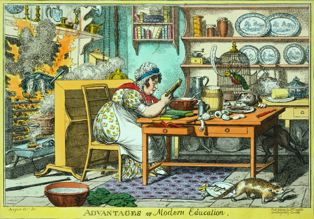 Detail of Advantages of Modern Education satirizing the popularity of Sir Walter Scott's novels by Unknown