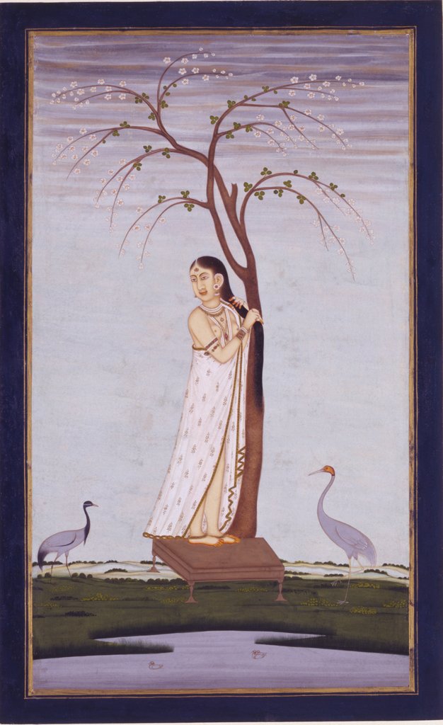 Detail of A lady standing beneath a tree braiding or drying her hair by Unknown