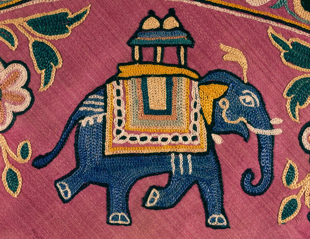Detail of Elephant embroidered on a textile sample by Unknown