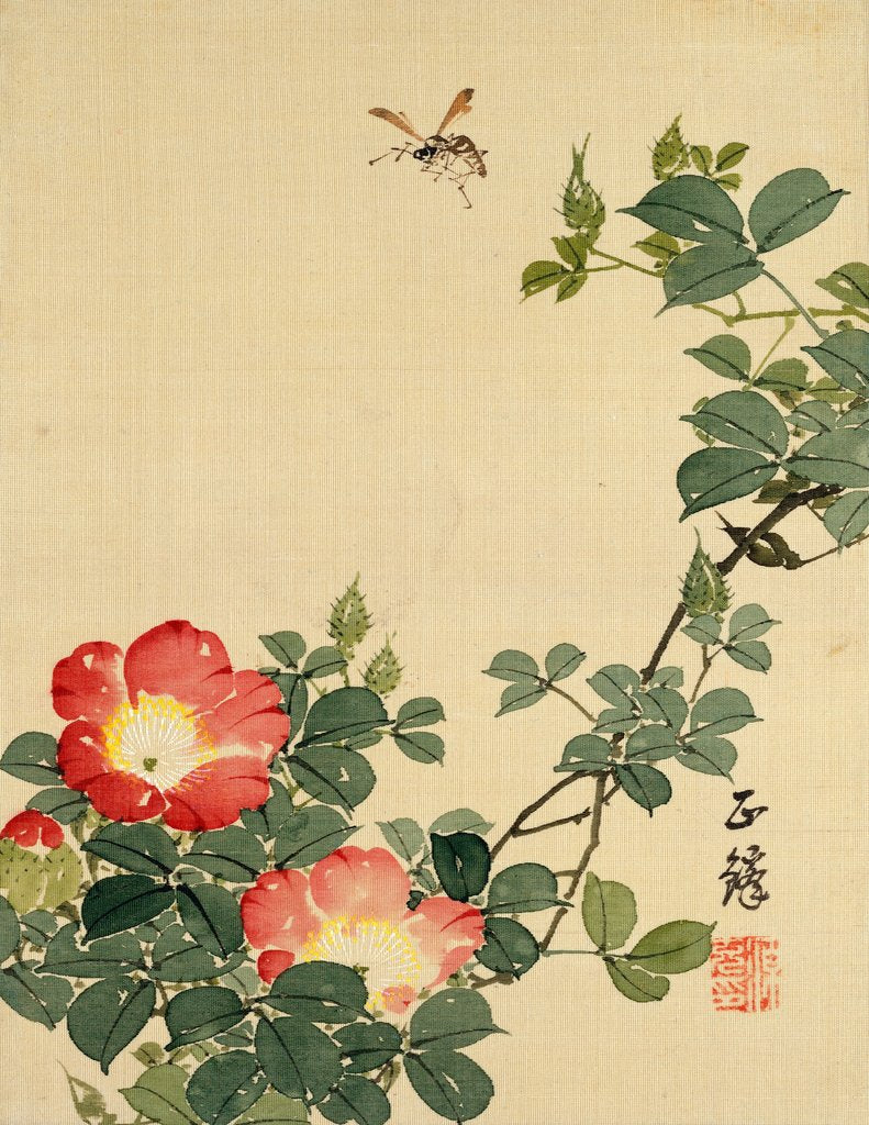 Detail of Wasp, Red Flower and Foliage by Seiho