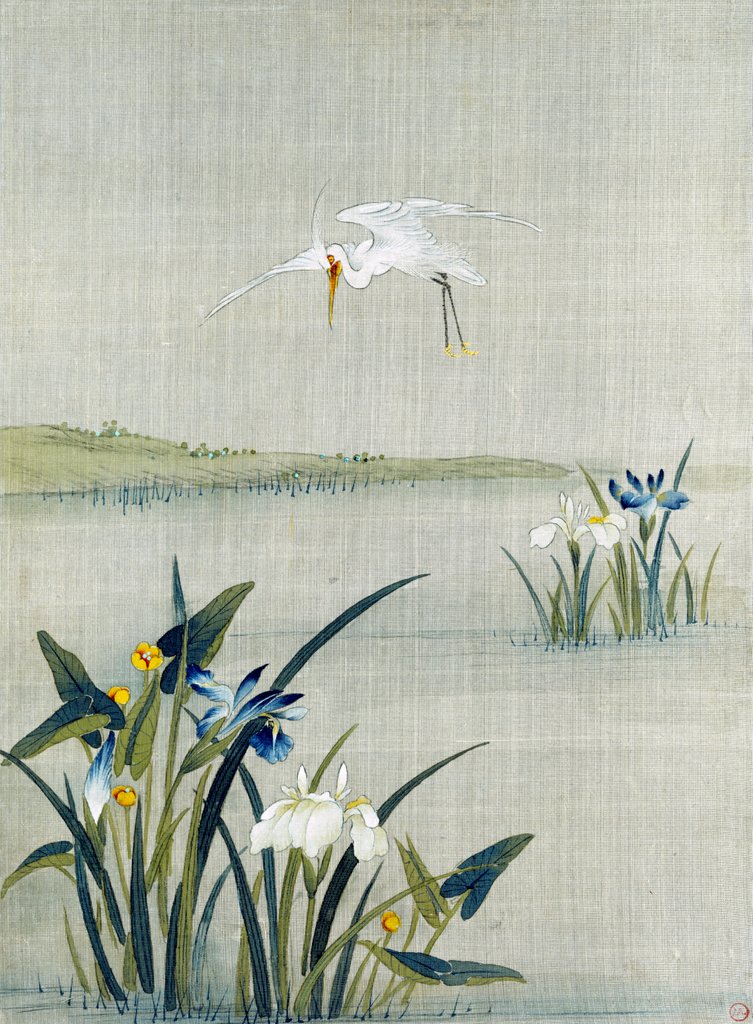 Detail of White crested heron flying over a lake with blue and white irises by Unknown