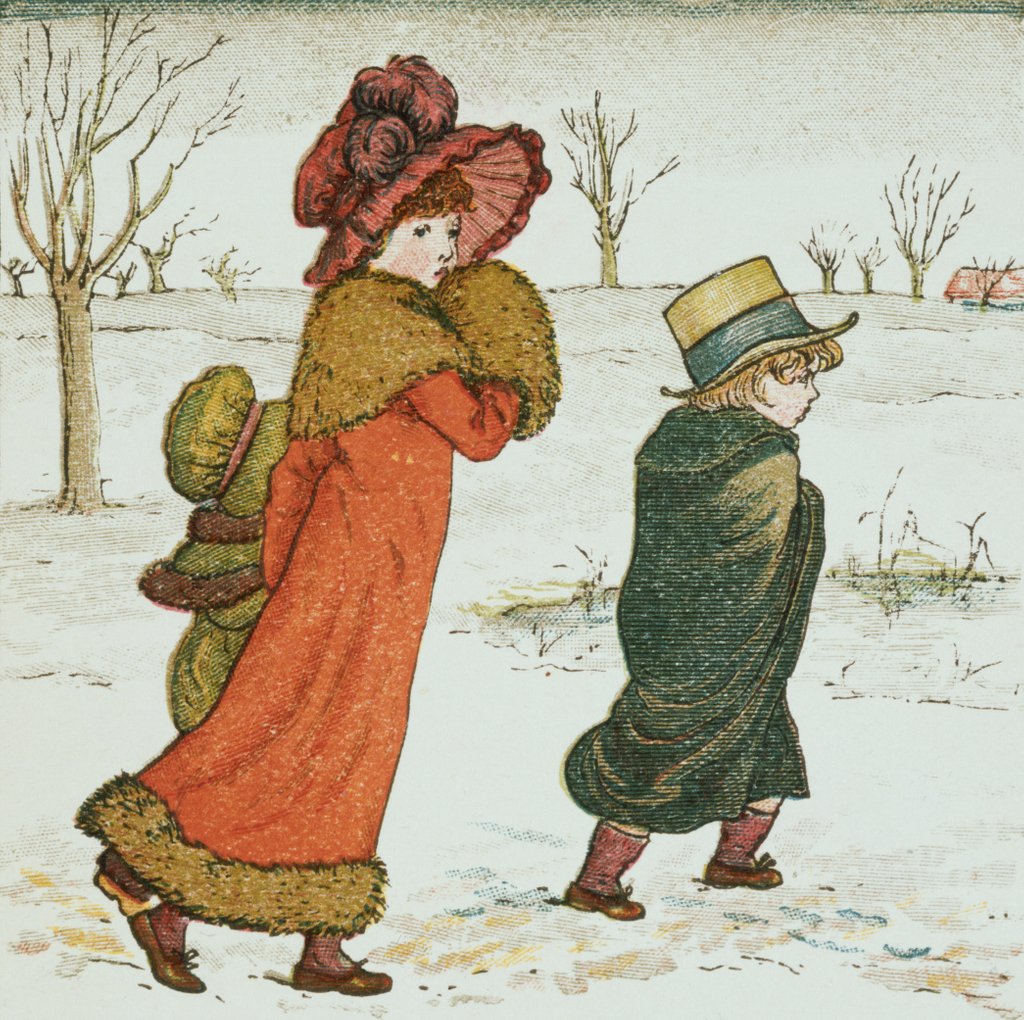 Detail of Girl and boys in the snow by Kate Greenaway