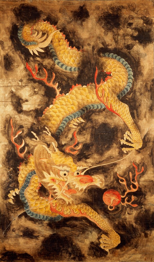 Detail of Dragon Amongst Clouds Chasing The Flaming Pearl. Korea, 19th century by Unknown