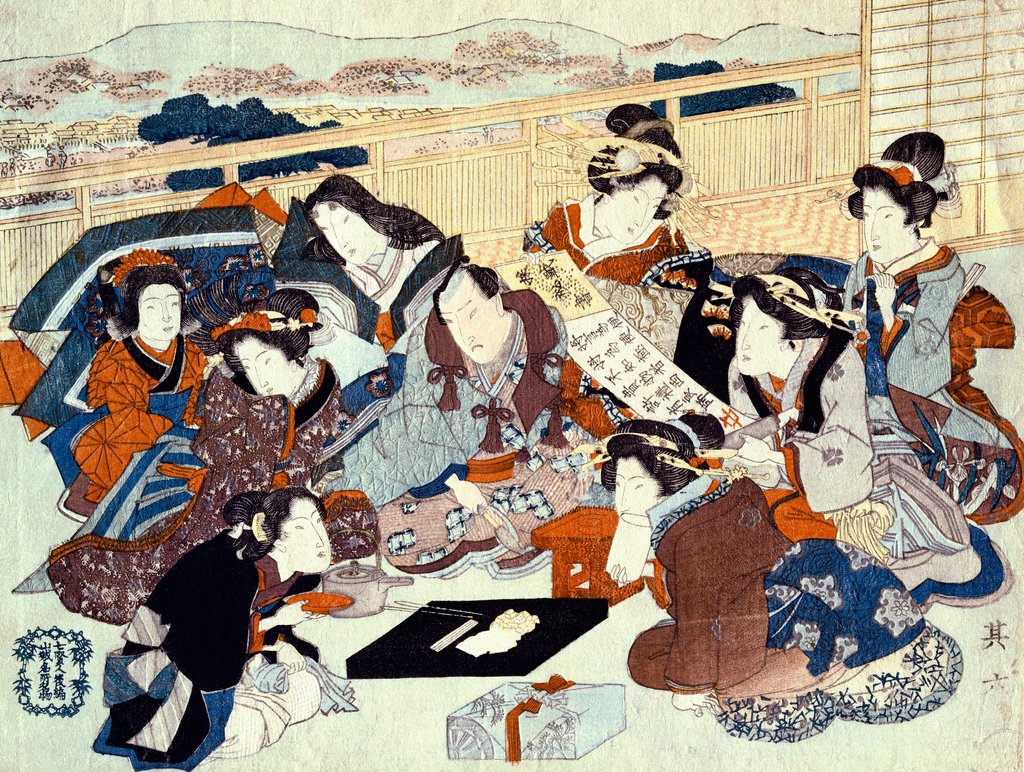 Detail of An actor seated surrounded by fashionable women by Utagawa Kunisada