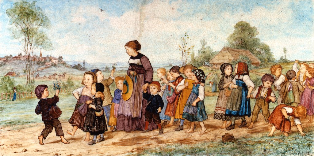 Detail of Promenade de l'école, made by Joseph-Théodore Deck, decorated by Albert Anker. Paris, France, 1869 by Joseph-Theodore Deck