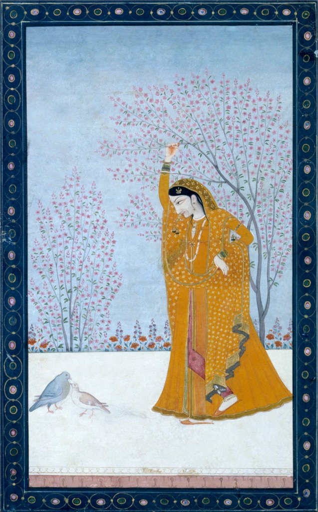 Detail of Girl beneath a tree gazing at a pair of pigeons. India, late 18th century by Unknown