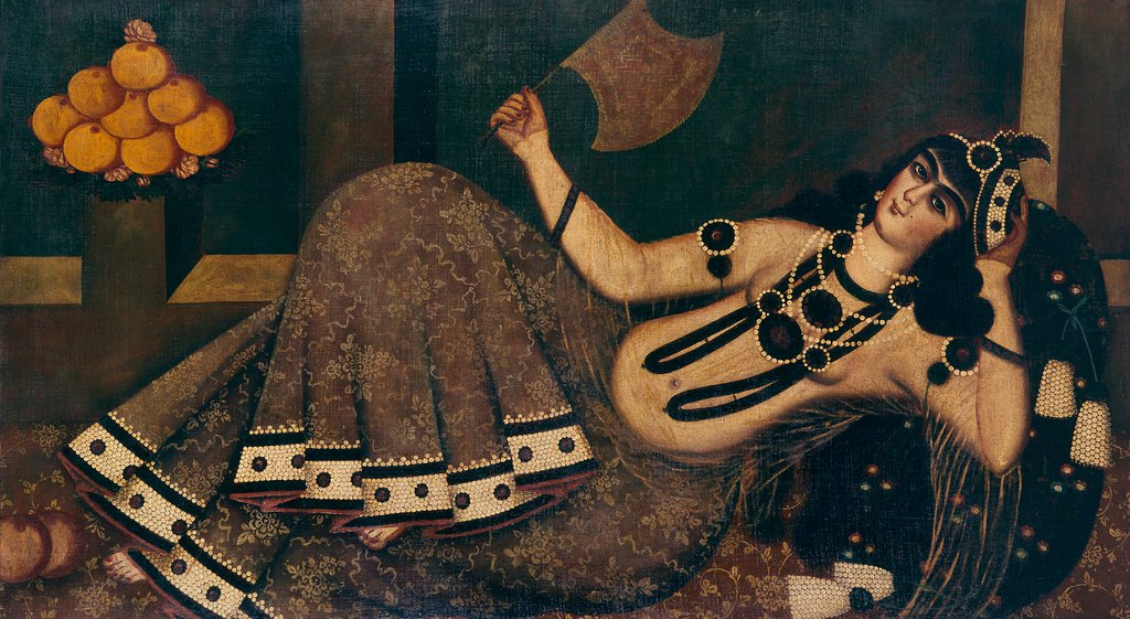 Detail of Lady reclining and holding a fan. Iran, Qajar dynasty, 19th century by Unknown