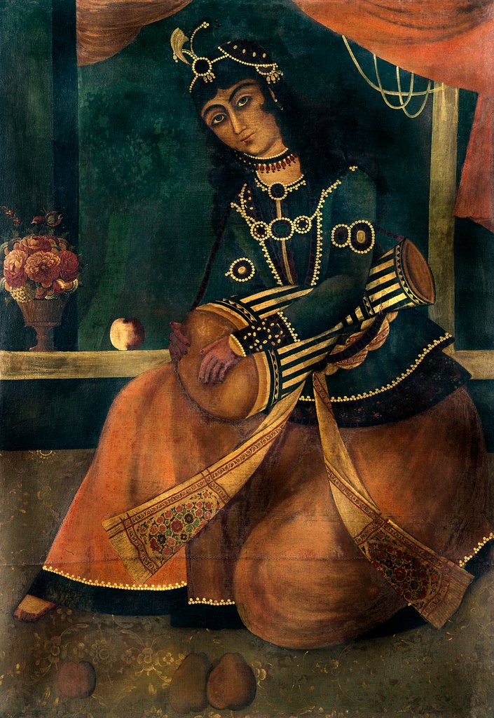 Detail of Lady seated playing a drum. Iran, Qajar dynasty, early 19th century by Unknown
