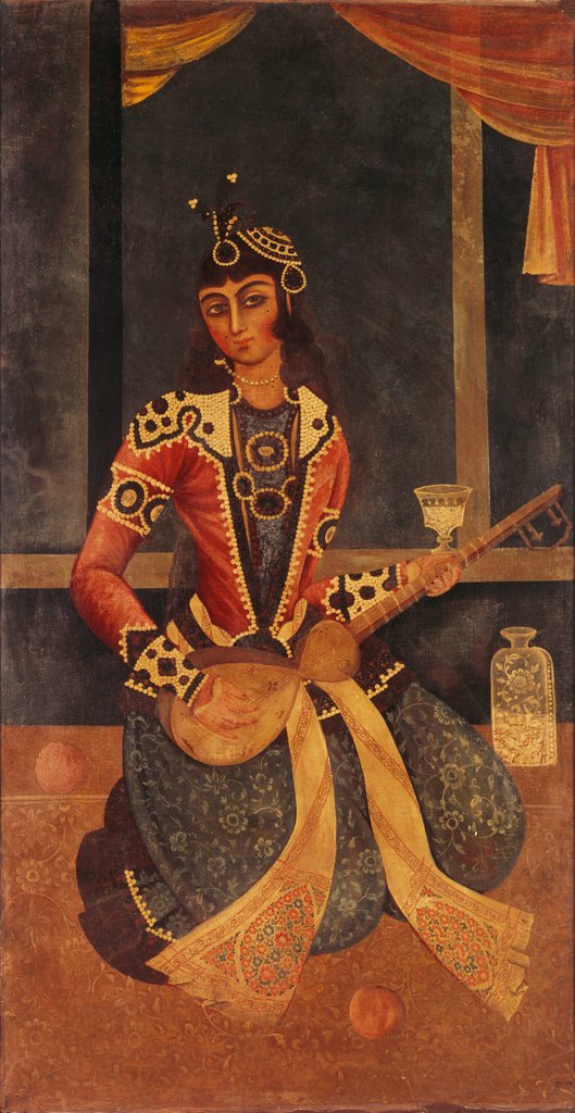 Detail of Lady seated playing the guitar. Iran, Qajar dynasty, early 19th century by Unknown