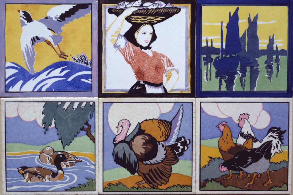 Detail of A group of six tiles by The Poole Pottery