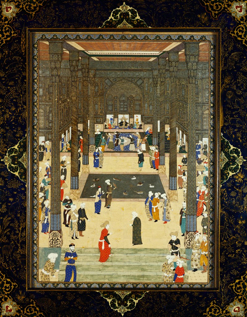 Detail of Miniature painting of a court scene by Haj Al Mulk