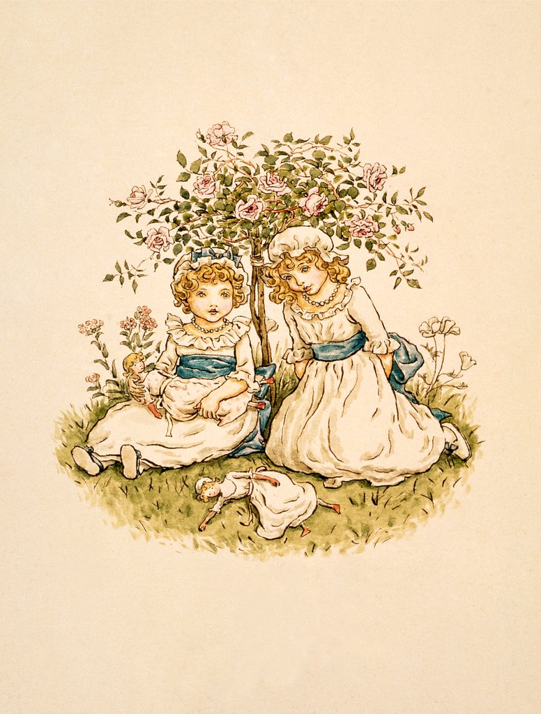 Detail of Two girls seated on the ground under a tree by Kate Greenaway