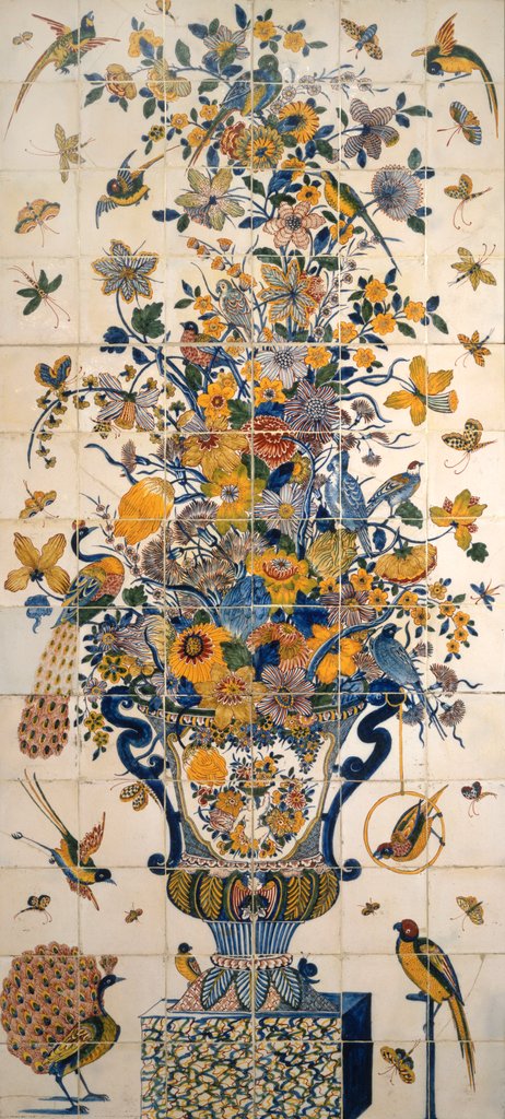 Detail of Tile panel with flowers and birds. Delft, Netherlands, 18th century by Anonymous