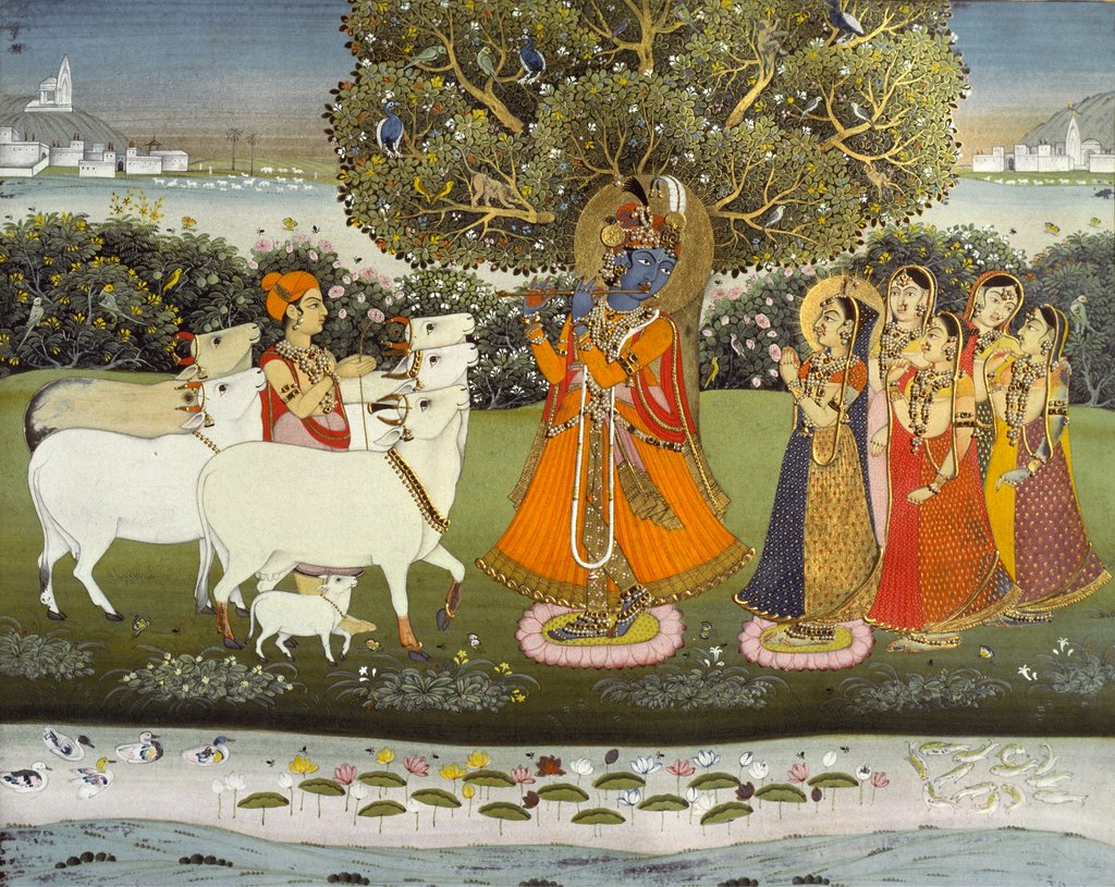 Detail of Krishna playing the flute to the gopis. Jaipur, India, 1840 by Unknown