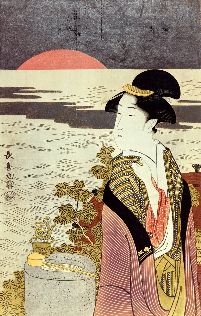 Detail of A girl and the sunrise over the sea at New Year by Eishosai Choki