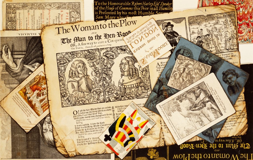 Detail of Trompe l'oeil, engravings and pages from books by Samuel Moore