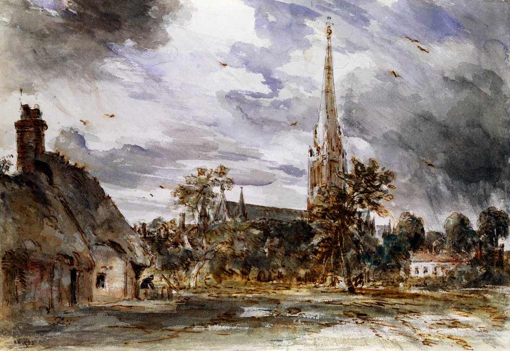 Detail of Salisbury Cathedral with Cottages by John Constable