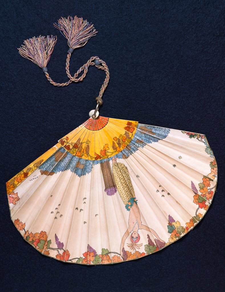 Detail of Fan depicting a topless woman with vines, leaves and grapes by Georges Barbier