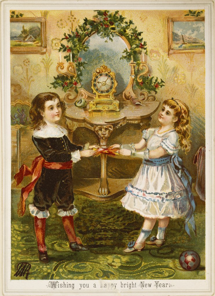 Detail of Card showing a boy and a girl pulling Christmas crackers. England, 19th-20th century by Unknown
