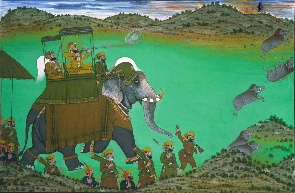 Detail of Raja Sarup Singh of Udaipur shooting hogs from a howdah. Udaipur, Indian, mid-19th century by Tara