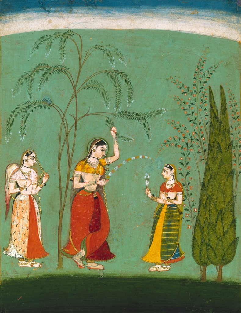 Detail of A Princess, her maid and a fly-whisk bearer amongst flowering trees. Bundi, Rajasthan, India, late 17th century by Unknown