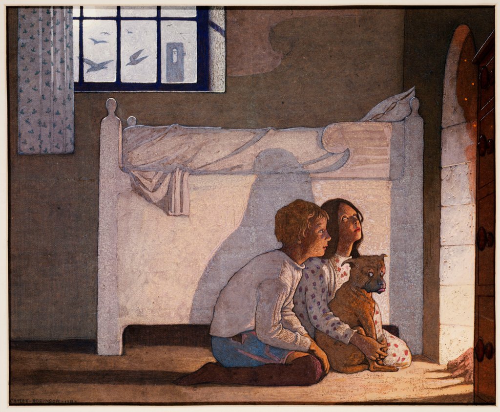 Detail of The Children by the Fireside recounting their Adventures by Frederick Cayley Robinson