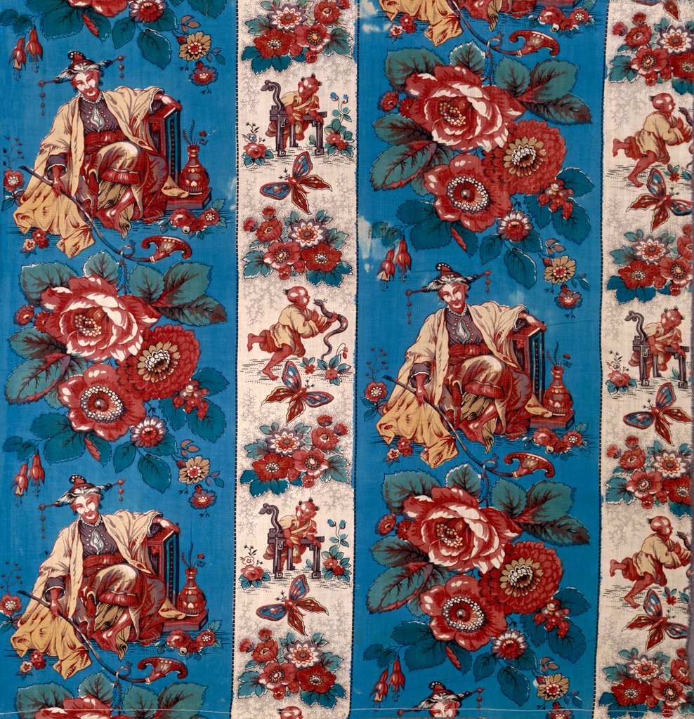 Detail of Chinoiserie-style design of roses, oriental women and children playing by Anonymous