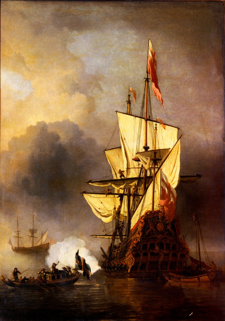 Detail of Calm: A Small Ship At Anchor Firing A Salute by Willem Van de Velde
