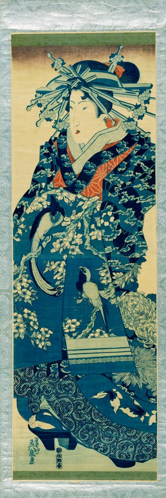 Detail of Oiran parading wearing a blue dress by Keisai Eisen