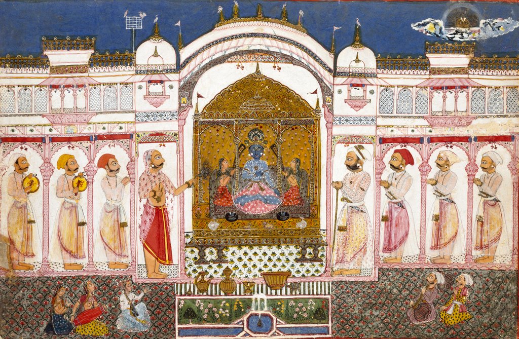 Detail of Ruler and his attendants worshipping an image of Krishna by Unknown
