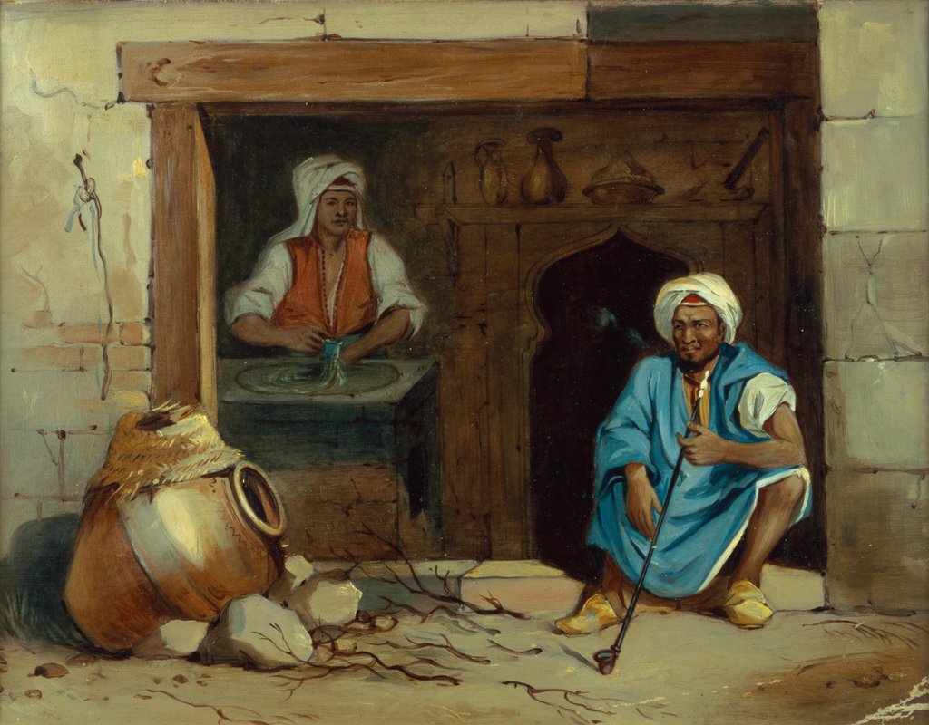 Detail of An Egyptian Baker and his assistant at the door of a cakeshop by Achille-Constant-Theodore-Emile Prisse d'Avennes