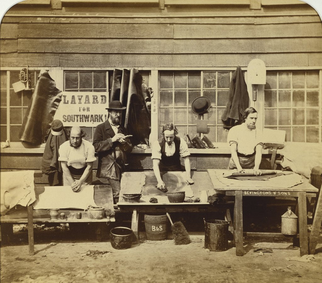 Detail of Workers finishing skivers and persians by Geoffrey Bevington