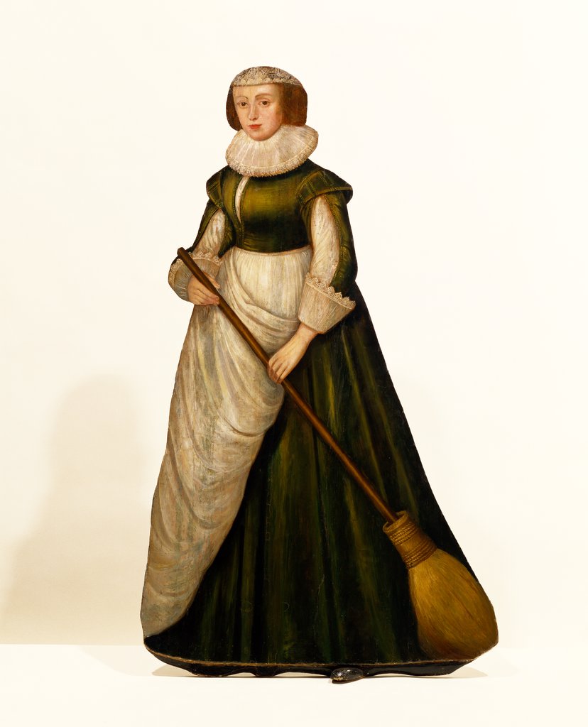 Detail of Dummy board figure of a housemaid holding a broom. Kent, England, c.1630. by Unknown