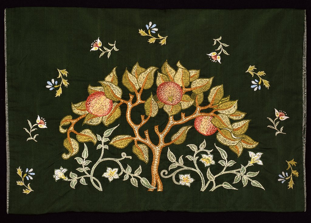 Detail of Sachet embroidered with fruits on a dark background by May Morris