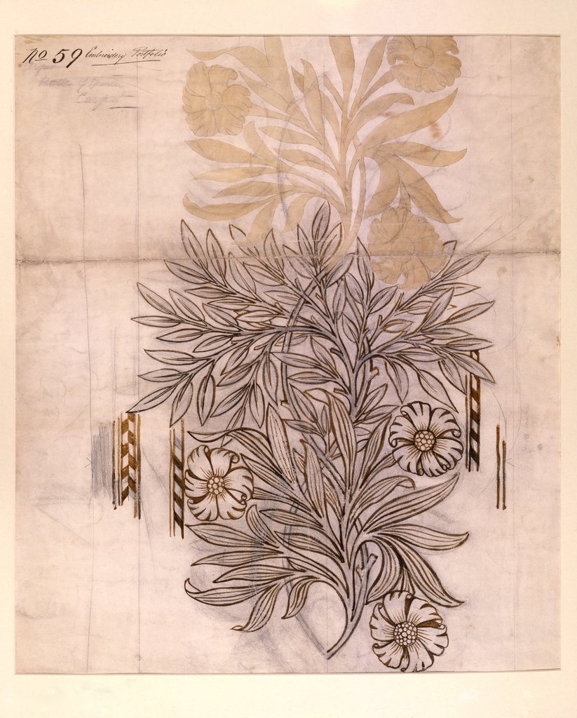 Detail of Potted Plant drawing of a dahlia with lush leaves by William Morris