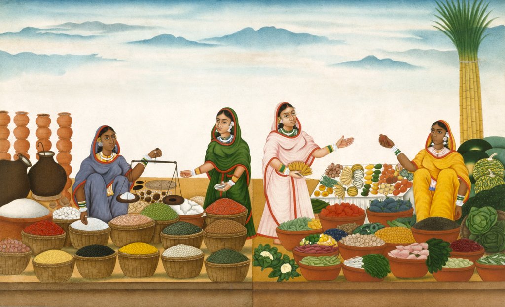 Detail of Women selling fruit, vegetables, grains and spices in a bazaar by Shiva Dayal Lal