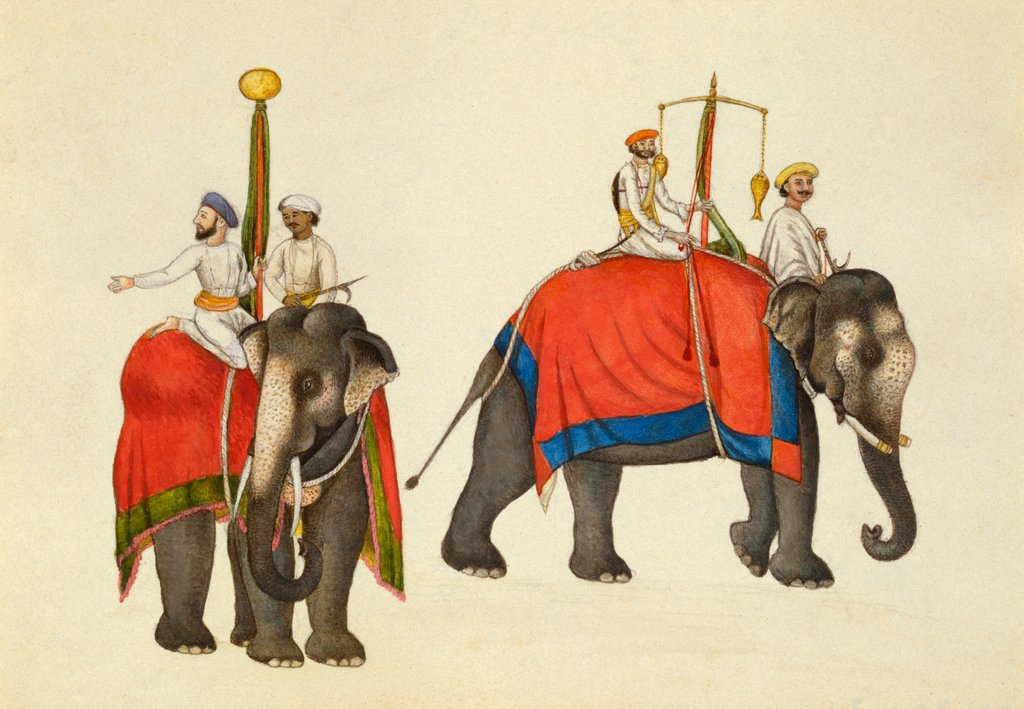 Detail of Two elephants with Mahouts carrying the fish and sun insignia by Mazhar Ali Khan