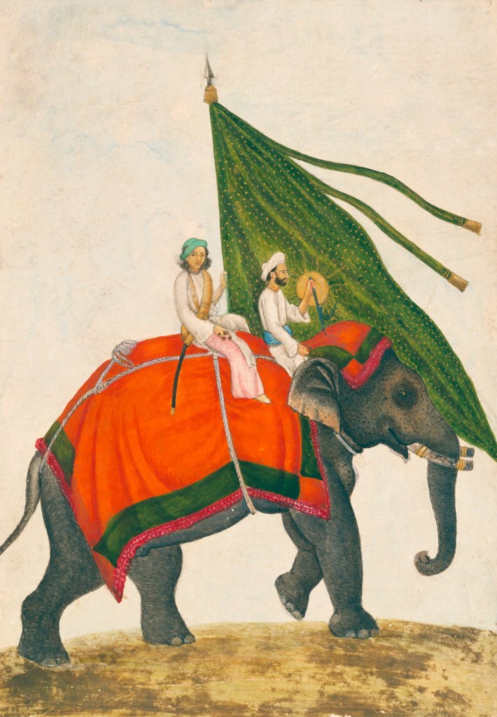 Detail of Elephant with a Mahout carrying a green standard with a gold sun on its back by Mazhar Ali Khan