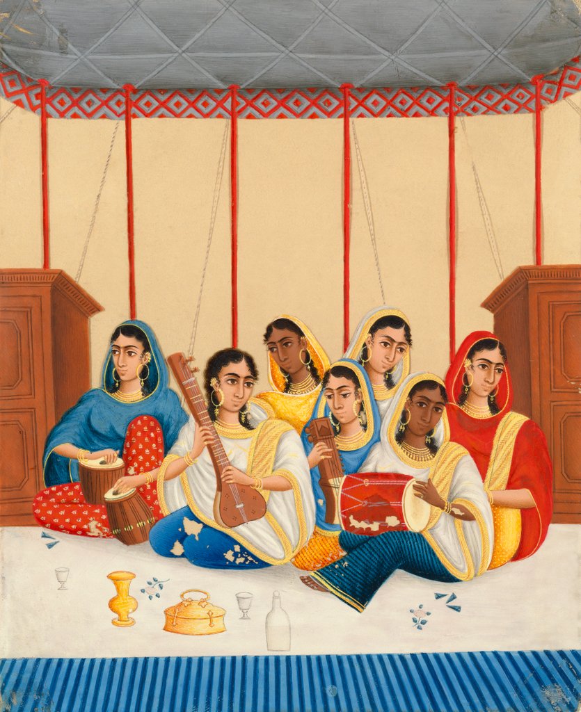 Detail of A party of seven female musicians seated under a canopy by Shiva Lal