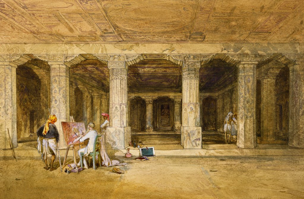 Detail of Robert Gill, copying the Ajanta frescoes by William Simpson