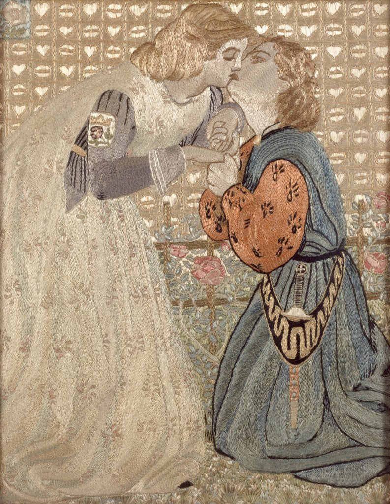 Detail of Embroidered picture after an engraving of The Rose Garden by Annie Christian Jack & Dante Gabriel Rossetti