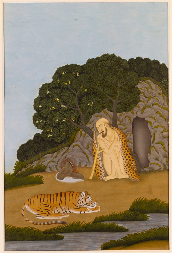 Detail of Painting of naked ascetic cloaked in a leopard's skin, sitting by a small fire with a tiger. Murshidabad, India, mid-18th century by Unknown